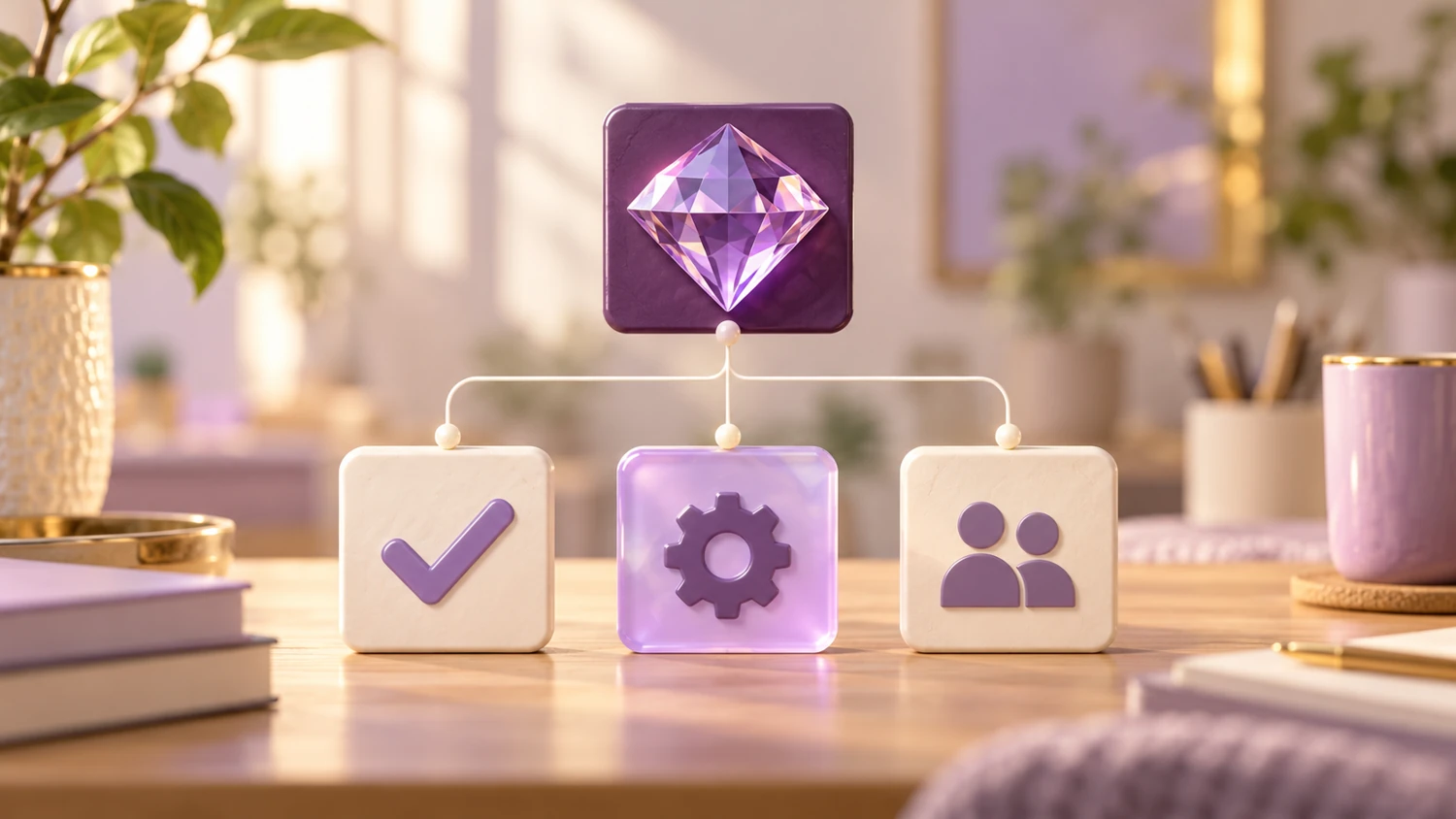 A purple diamond branches toward check, gear and people symbols.