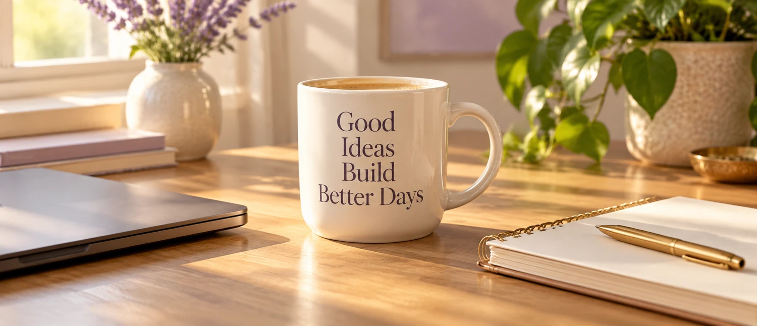 A cream mug reading Good Ideas Build Better Days on a sunlit desk with a laptop and notebook.