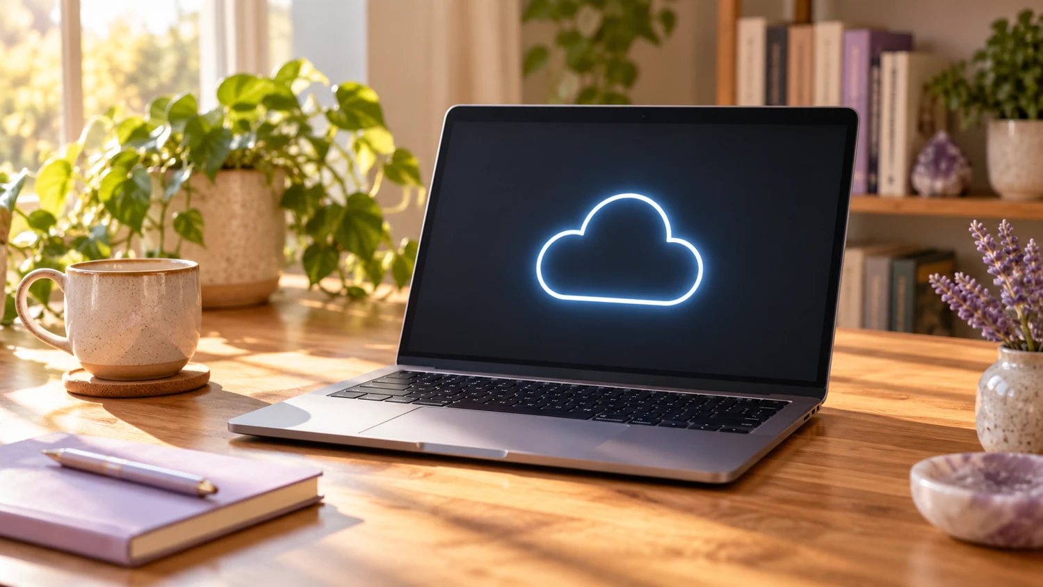 A laptop with a glowing cloud symbol in a warm home workspace.