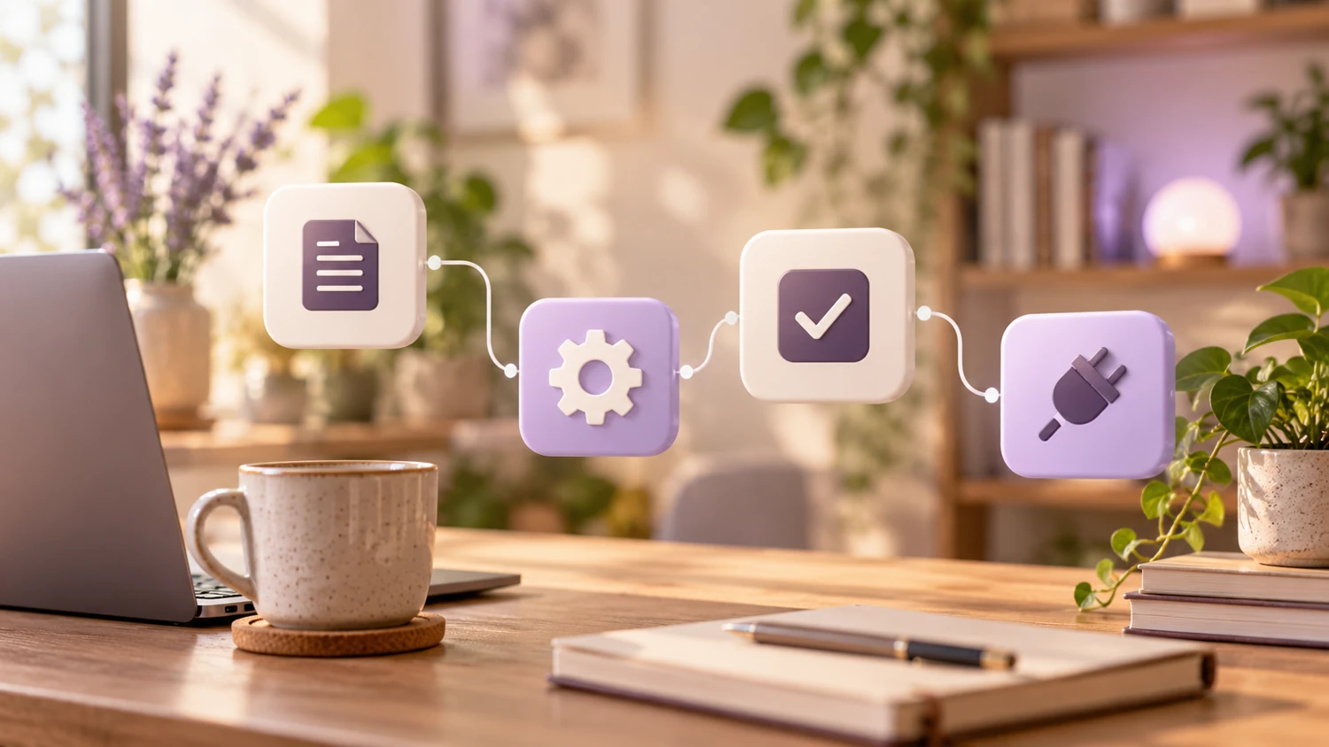 Connected lavender workflow tiles with document, gear, check and plug symbols.